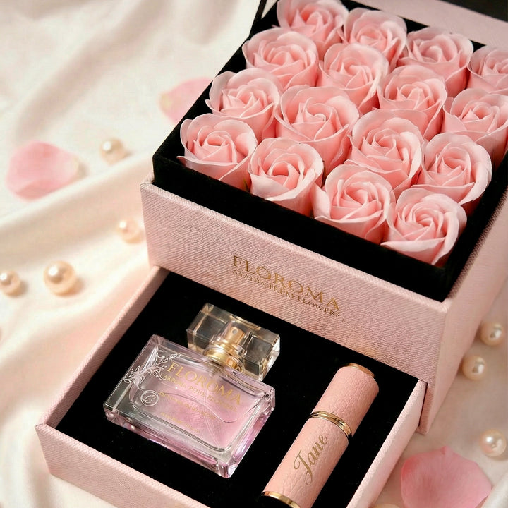 【Personalize Gift】Blossom Double-Drawer Floral Box + 35ml perfume + Engraving refill bottle Set