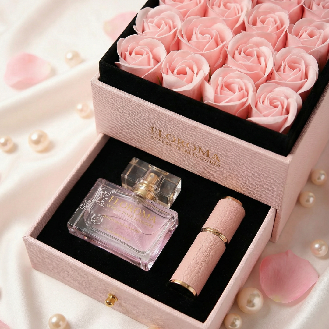 【Personalize Gift】Blossom Double-Drawer Floral Box + 35ml perfume + Engraving refill bottle Set