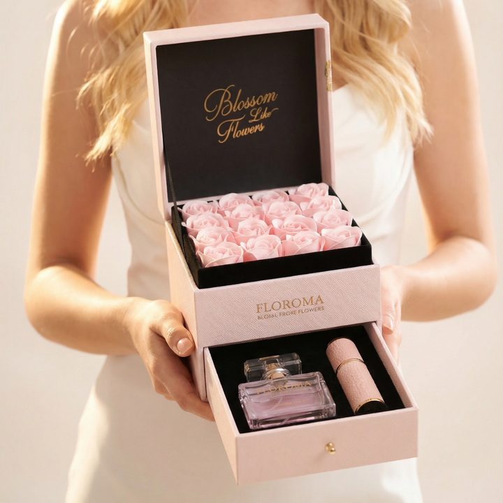 【Personalize Gift】Blossom Double-Drawer Floral Box + 35ml perfume + Engraving refill bottle Set