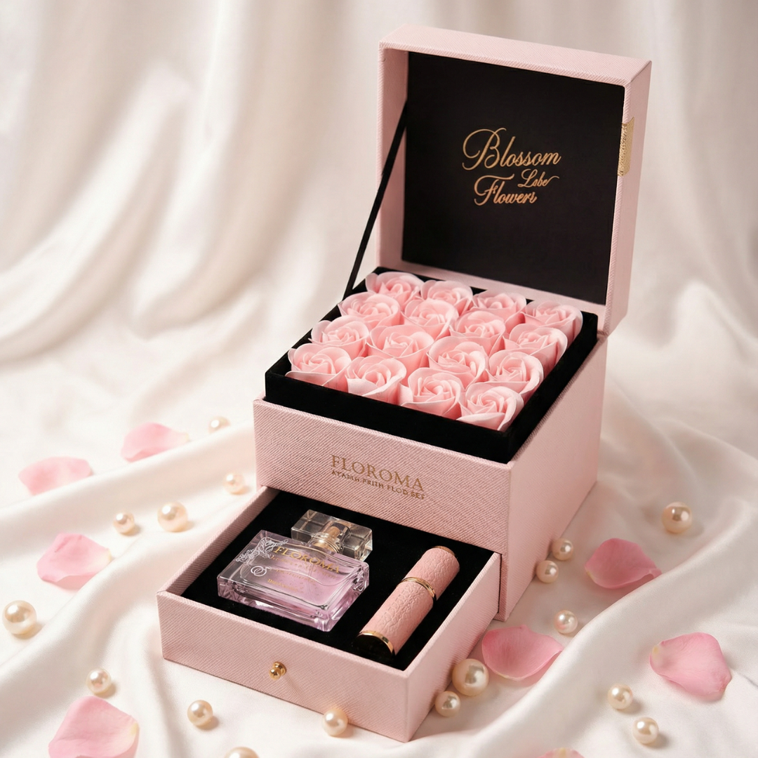【Personalize Gift】Blossom Double-Drawer Floral Box + 35ml perfume + Engraving refill bottle Set