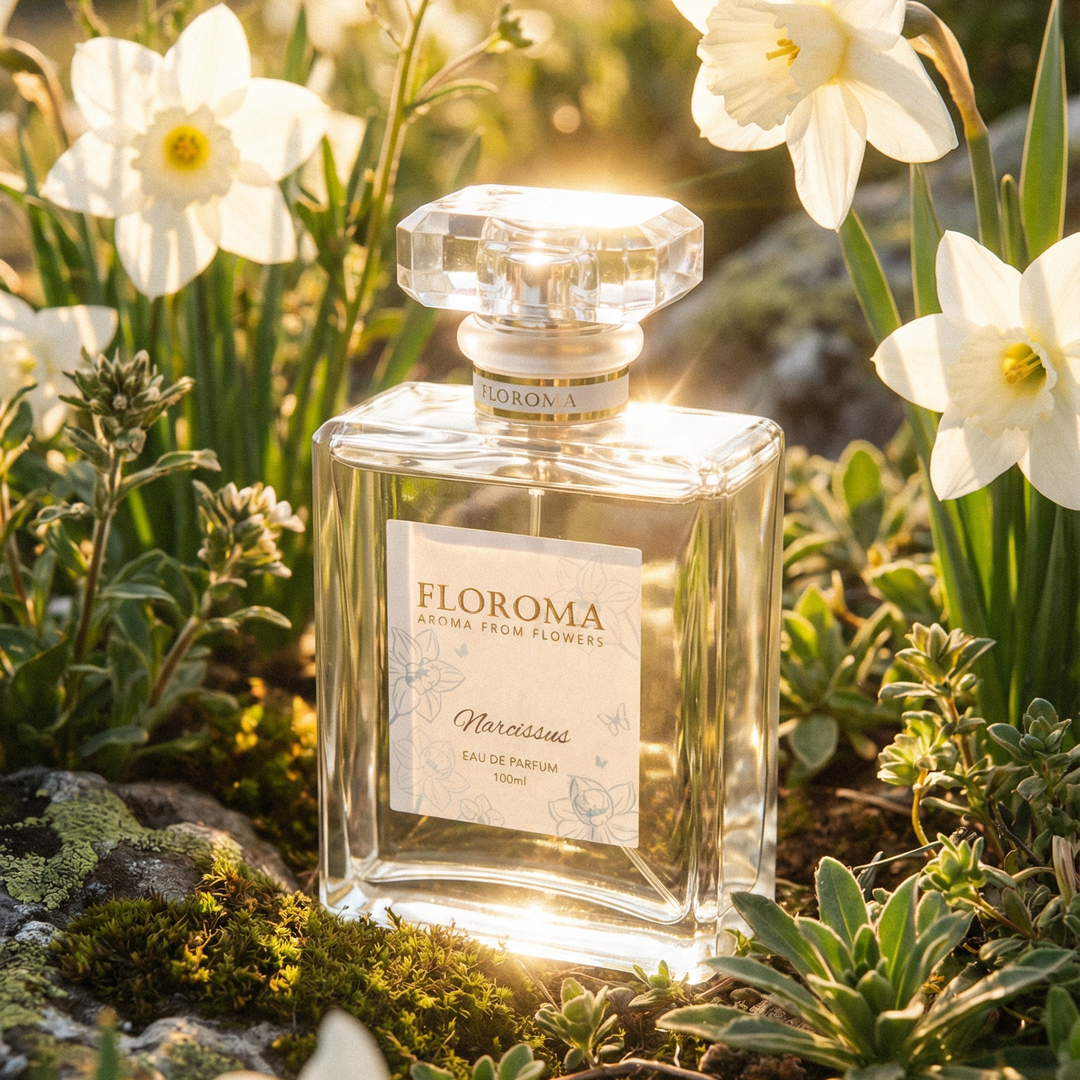 Floroma Narcissus perfume bottle surrounded by white flowers in a natural setting