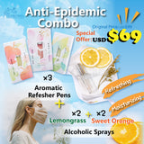 【Anti-Epidemic COMBO Package】$69/ 3 aromatic refresher pens + 4 alcoholic sprays ( lemongrass essential oil scent and sweet orange essential oil scent)